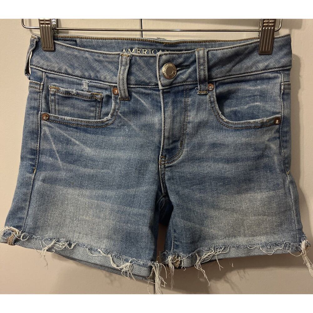 American Eagle Midi Super Stretch Denim Blue Jean Shorts Womens Size 2